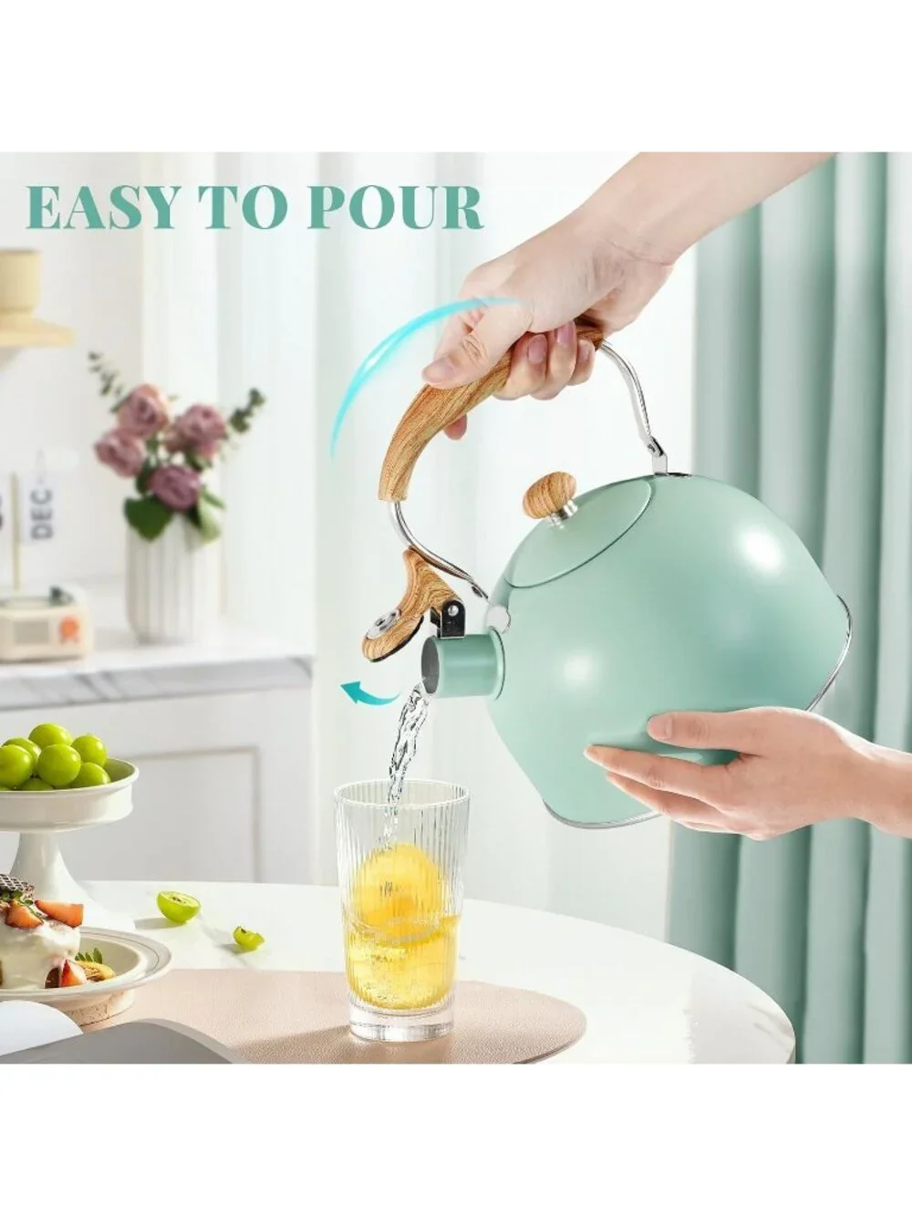 GGC Mint Green Stainless Steel Kettles 2.6QT Whistling Stove Top Folding Handle